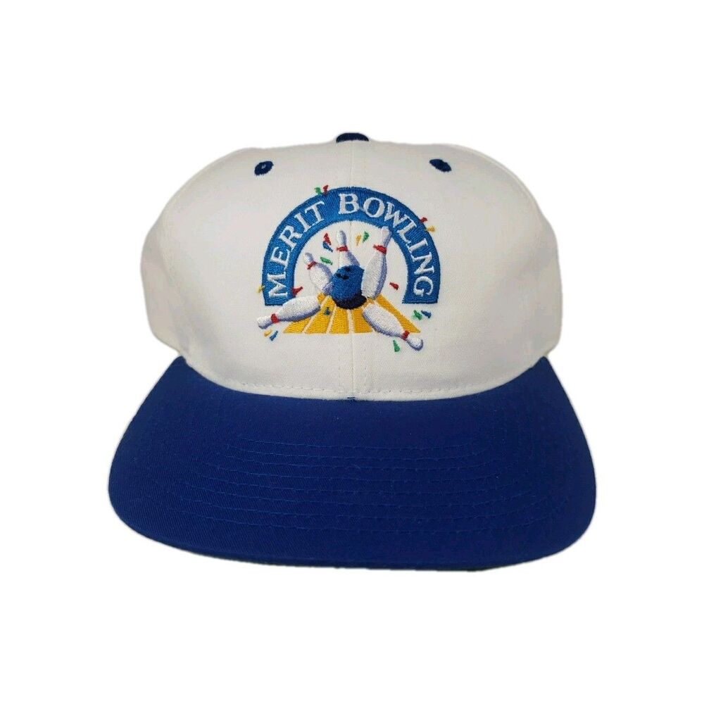 Vintage Merit Bowling Trucker Hat Embroidered Blue White Snapback NOS Pins Ball